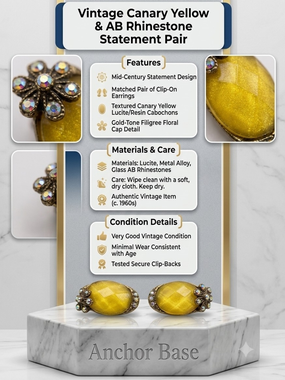 Vintage Canary Yellow AB Rhinestone Clip-On Earrings -